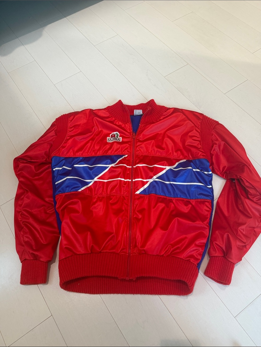 Men's Red Bomber Jacket with Blue Racing Panels